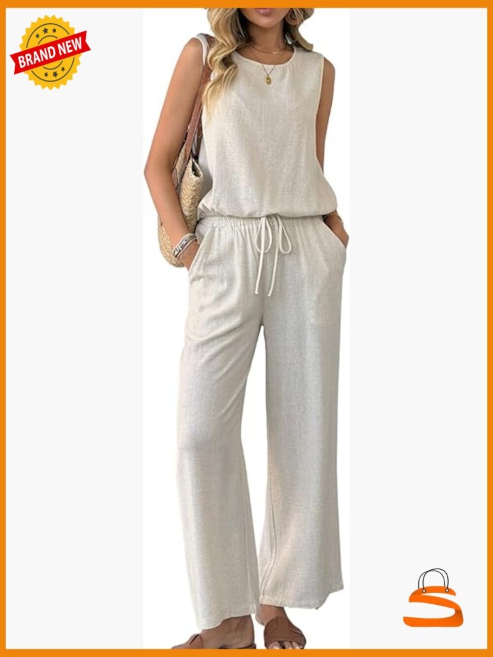 Linen 2 Piece Outfits Sleeveless Tank Wide Leg Pants Sets Tracksuit Summer